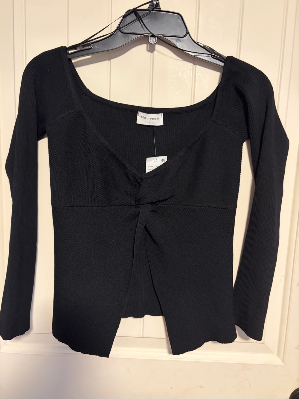 Blu Pepper Black Long Sleeve Tie-Front Ribbed Top